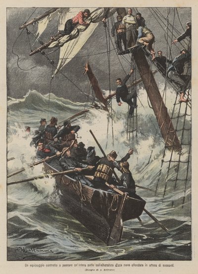 Een bemanning gedwongen een hele nacht door te brengen op de mast van een gezonken schip in afwachting van hulp door Achille Beltrame