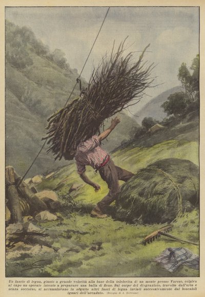 Een bundel hout, met grote snelheid aangekomen aan de voet van de kabelbaan van een berg bij Varese door Achille Beltrame