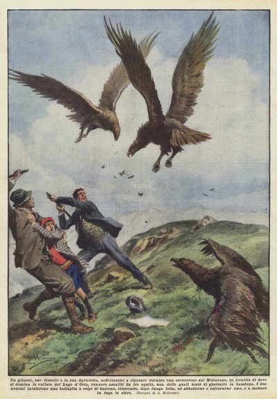 Een wandelaar, zijn broer en zijn dochtertje, rustend tijdens een excursie door Achille Beltrame