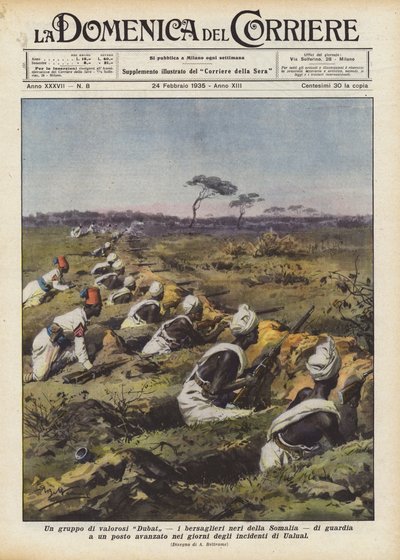 Een groep dappere Dubat, de zwarte bersaglieri van Somalië, bewaakt een voorpost in de ? door Achille Beltrame