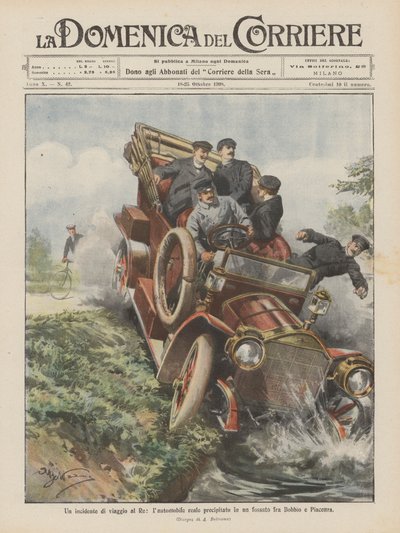Een reisongeluk van de koning, de koninklijke auto stort in een greppel tussen Bobbio en Piacenza door Achille Beltrame