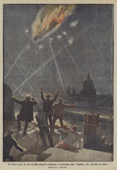 Een luchtmonster dat niet terugkeerde naar Duitsland, de vernietiging van de Zeppelin L 31 in de lucht boven Londen door Achille Beltrame