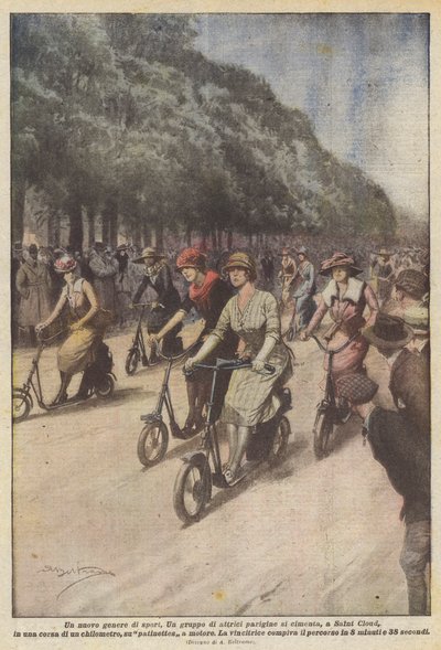 Een nieuwe sport, een groep Parijse actrices neemt deel aan een race in Saint Cloud door Achille Beltrame
