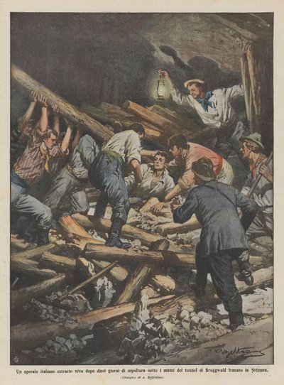 Een Italiaanse arbeider levend geborgen na tien dagen begraven onder de rotsen van de tunnel door Achille Beltrame