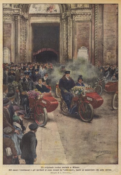 Een originele huwelijksstoet in Milaan (kleur litho) door Achille Beltrame