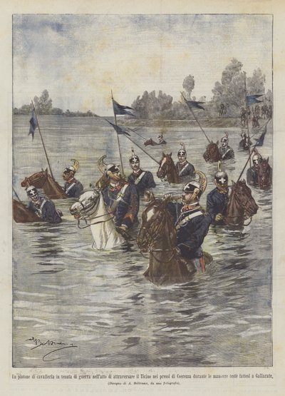 Een peloton cavalerie in oorlogstenue steekt de Ticino over nabij... door Achille Beltrame