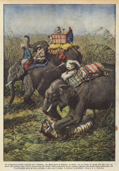 Een bloedig duel tijdens een jachtpartij van de Maharadja van Bikanir, India door Achille Beltrame