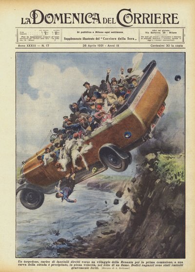 Een bus vol kinderen op weg naar een dorp in Rijnland voor hun eerste communie door Achille Beltrame