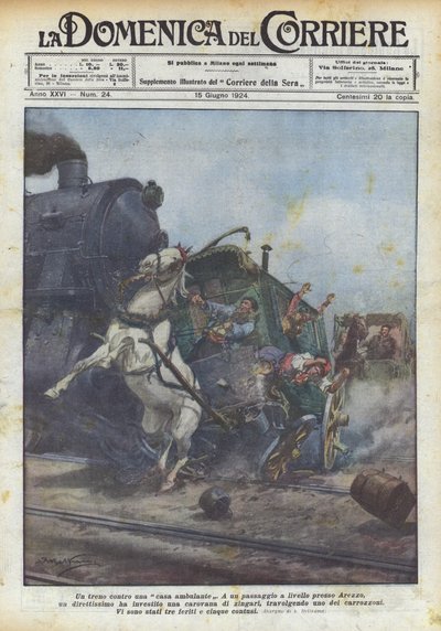 Een trein tegen een rijdend huis door Achille Beltrame