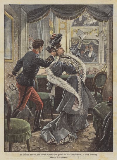 Een Franse officier die een kunstenaar uit jaloezie doodt in een café-chantant in Niort (Frankrijk) door Achille Beltrame