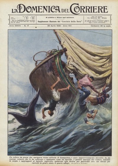 Een vissersschip dat nabij het eiland Lampedusa voer, werd plotseling getroffen ? door Achille Beltrame