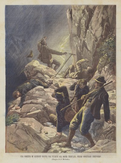 Een groep alpinisten getroffen door bliksem op de Monte Tribulan, bij Gossensass (Brennero) door Achille Beltrame