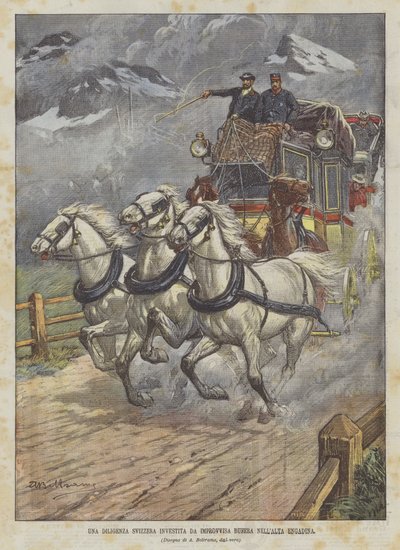 Een Zwitserse diligence getroffen door een plotselinge storm in de Hoge Engadin door Achille Beltrame