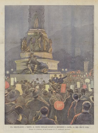 Een demonstratie in Trento, de volksoptocht voor het Monument voor Dante, de avond van 11 maart door Achille Beltrame