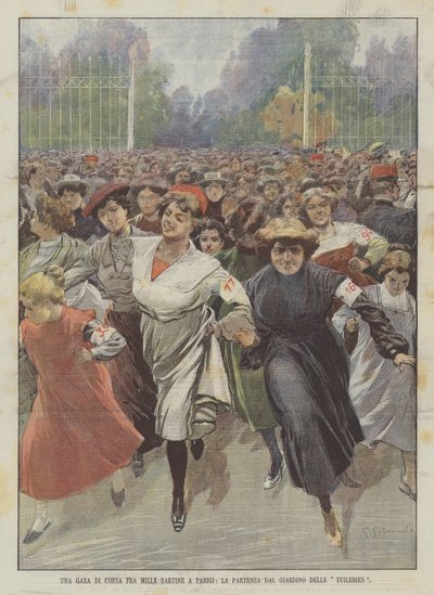 Een hardloopwedstrijd tussen duizend naaisters in Parijs, het vertrek vanuit de Tuilerieën door Achille Beltrame