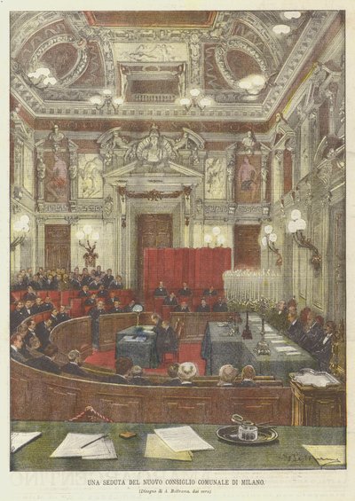 Een zitting van de nieuwe gemeenteraad van Milaan door Achille Beltrame