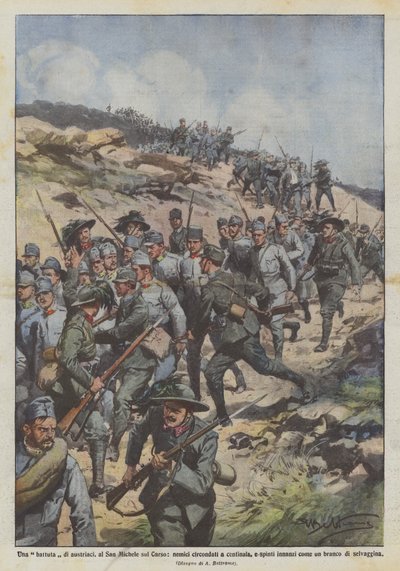 Een Oostenrijkse aanval, bij San Michele op de Karst, vijanden omsingeld door honderden door Achille Beltrame