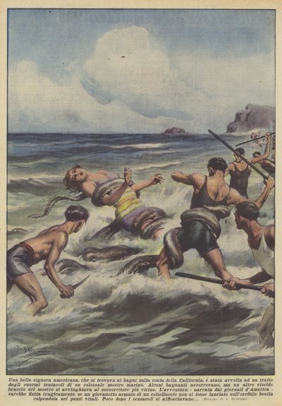 Een mooie Amerikaanse dame, die zich aan het baden was aan de kust van Californië, werd omhuld door Achille Beltrame