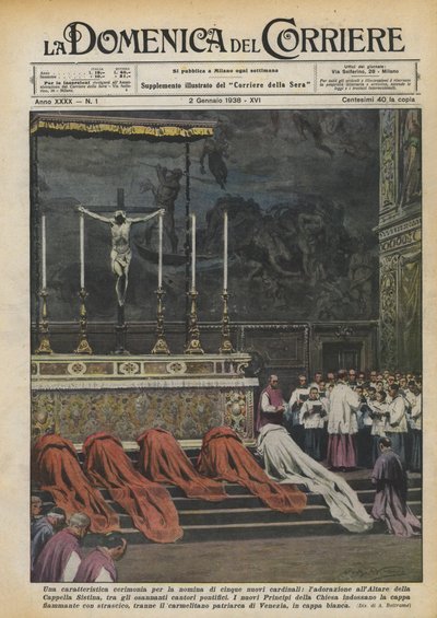 Een karakteristieke ceremonie voor de benoeming van vijf nieuwe kardinalen, de aanbidding aan het altaar door Achille Beltrame