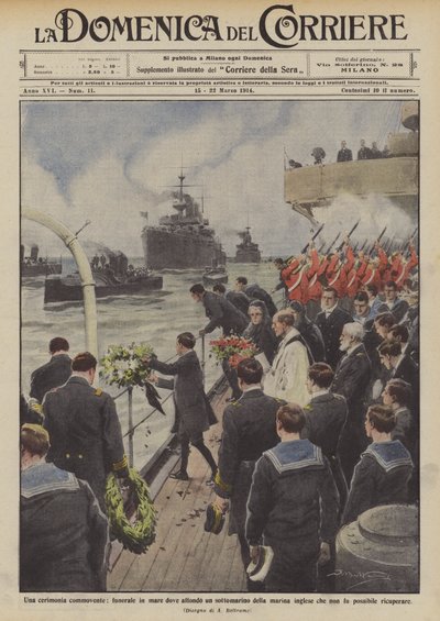 Een ontroerende ceremonie, begrafenis op zee waar een Engelse onderzeeër zonk door Achille Beltrame