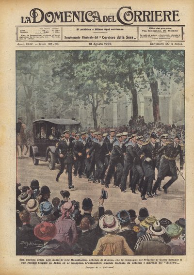 Een curieuze scène bij het huwelijk van lord Mountbatten, marineofficier, die een metgezel van de Prins was door Achille Beltrame