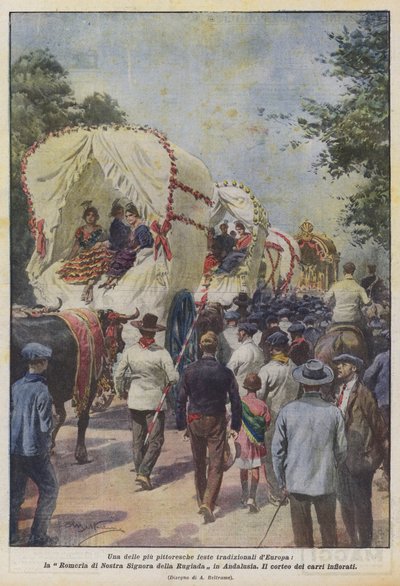 Een van de meest pittoreske traditionele feesten van Europa, de Romeria van Onze Lieve Vrouw van de Dauw in Andalusië door Achille Beltrame