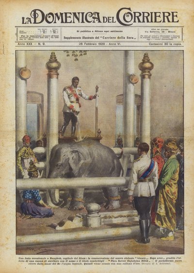 Een uitzonderlijk feest in Bangkok, de hoofdstad van Siam, de inwijding van de nieuwe witte olifant door Achille Beltrame