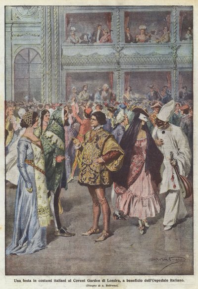 Een feest in Italiaanse kostuums in Covent Garden in Londen, ten behoeve van het Italiaanse ziekenhuis door Achille Beltrame