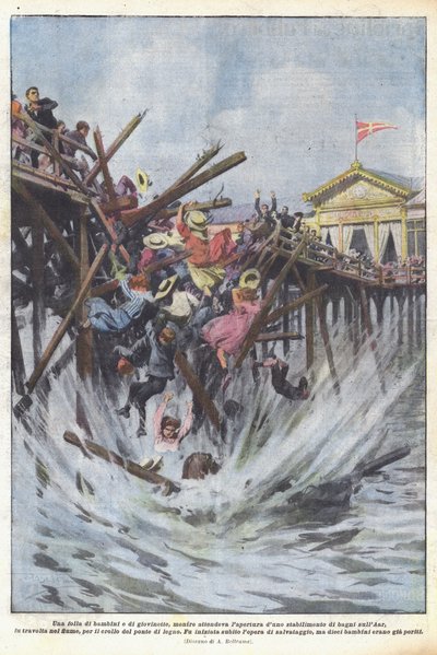 Een menigte kinderen en jonge meisjes, wachtend op de opening van een badinrichting? door Achille Beltrame