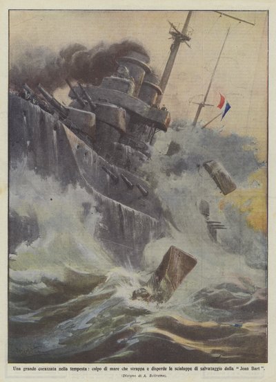 Een groot slagschip in de storm, een golf slaat de reddingsboten weg door Achille Beltrame
