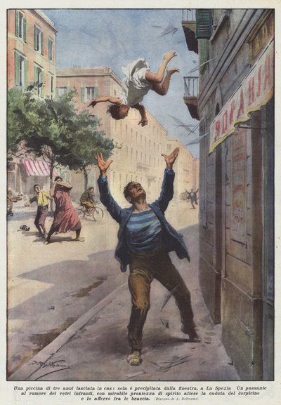 Een driejarig meisje alleen thuis gelaten en uit het raam gevallen, in La Spezia door Achille Beltrame
