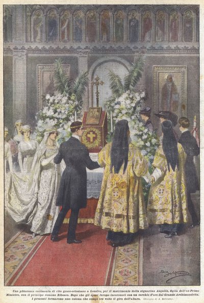 Een pittoreske ceremonie van de Grieks-orthodoxe ritus in Londen, voor het huwelijk van juffrouw door Achille Beltrame