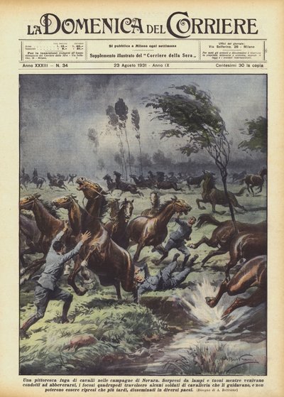 Een schilderachtige vlucht van paarden op het platteland van Novara door Achille Beltrame