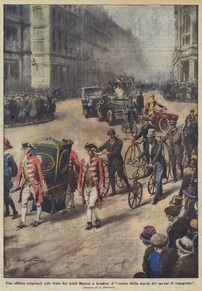 Een originele parade tijdens de feesten van de Lord Mayor in Londen, de stoet van de geschiedenis van transportmiddelen door Achille Beltrame