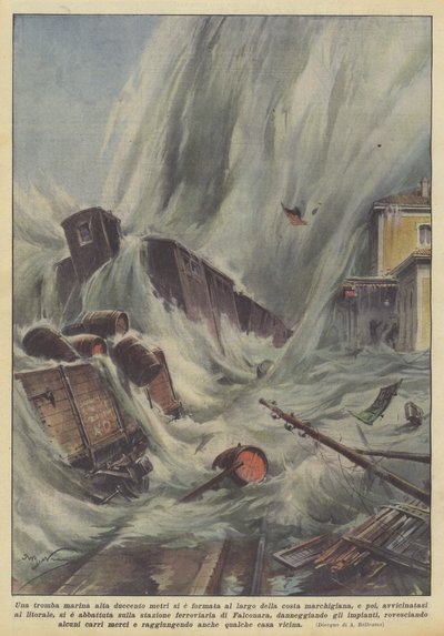 Een 200 meter hoge waterhoos vormde zich voor de kust van Marche en daarna... door Achille Beltrame