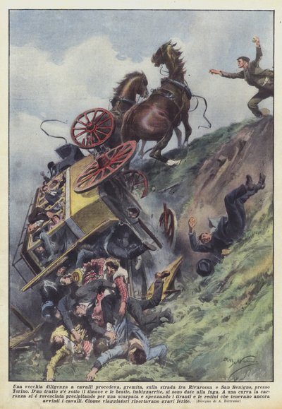 Een oude paardenkoets reed, volgepakt, op de weg tussen Rivarossa en San Benigno, nabij Turijn door Achille Beltrame