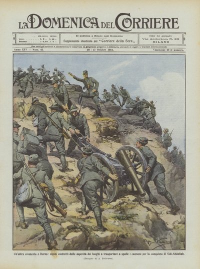 Een andere opmars naar Derna, alpini gedwongen door de moeilijkheden van het terrein om te dragen door Achille Beltrame