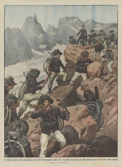 Een gedurfde mars van de fietscompagnie van het 12e bersaglieri op de Alpen, de beklimming van de gletsjer door Achille Beltrame
