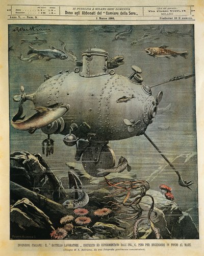 Onderwaterzeevaartuig voor het verkennen van de zeebodem, illustratie door Achille Beltrame door Achille Beltrame
