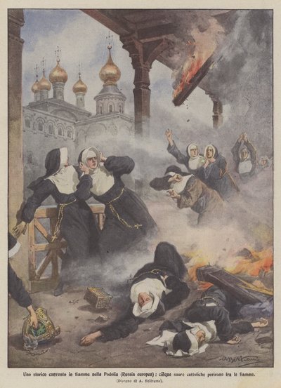 Een historisch klooster in brand in Podolië (Europees Rusland), vijf katholieke nonnen kwamen om in de vlammen door Achille Beltrame