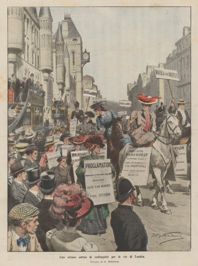 Een vreemde optocht van suffragettes door de straten van Londen door Achille Beltrame