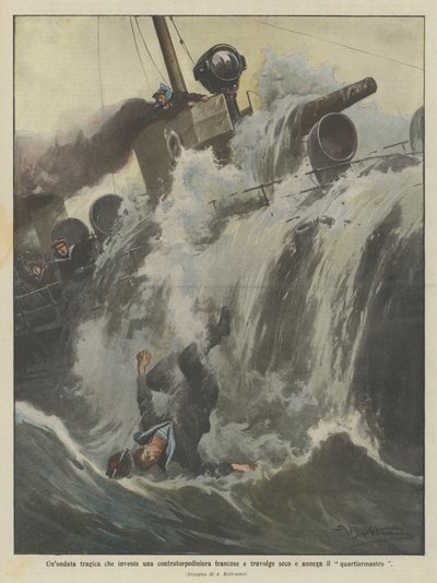 Een tragische golf die een Franse torpedobootjager raakt en de kwartiermeester verdrinkt door Achille Beltrame