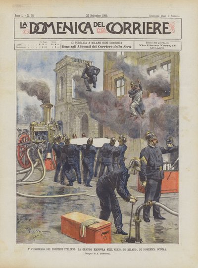 V Congres van Italiaanse brandweerlieden, de grote oefening in de Arena van Milaan, afgelopen zondag door Achille Beltrame