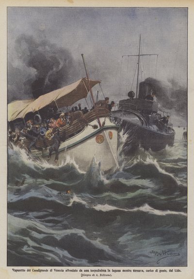 Vaporetto van het Canal Grande in Venetië gezonken door een torpedoboot in de lagune door Achille Beltrame