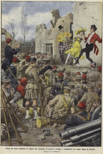 Varietéartiesten van Londense theaters vermaken de Britse troepen in kampen in Frankrijk door Achille Beltrame