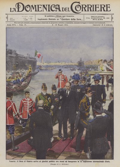Venetië, de Hertog van Genua arriveert in de openbare tuinen om de XI Expositie te openen door Achille Beltrame