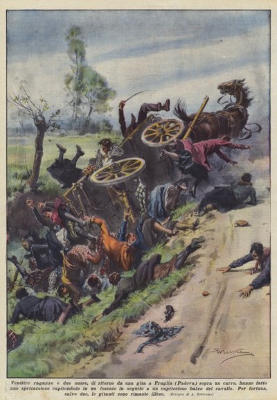 Drieëntwintig meisjes en twee nonnen, terug van een uitstapje naar Praglia (Padua) bovenop een wagen ? door Achille Beltrame