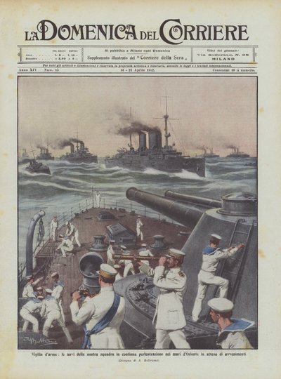 Vooravond van de strijd, de schepen van onze vloot voortdurend patrouillerend in de oostelijke zeeën in afwachting van gebeurtenissen door Achille Beltrame
