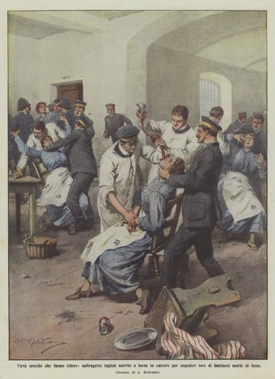 Heroïsche deugden die doen lachen, Engelse suffragettes met dwang gevoed in de gevangenis om hen te verhinderen door Achille Beltrame