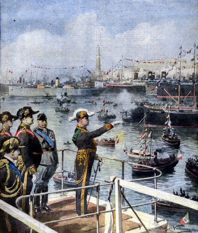 Bezoek van Benito Mussolini in Genua. De Duce groet de stad vanaf de Esperia-brug. Illustratie van Beltrame. La Domenica del Corriere, 6/06/1926. door Achille Beltrame